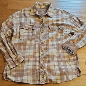 Women's Plaid Button Down Shirt - Tan